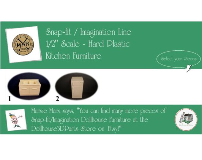 Marx Vintage Dollhouse Furniture, Snap-fit/Imagination Line Kitchen, 1/2" Scale, HARD Plastic