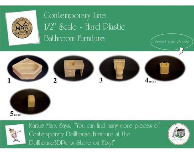 Choice MARX Vintage Dollhouse Bathroom Furniture, Contemporary Line, 1/2" Scale, Hard Plastic