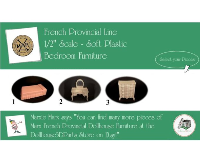 Choice MARX Vintage Dollhouse  Second Bedroom Furniture, French Provincial Line, 1/2"Scale, Soft Plastic