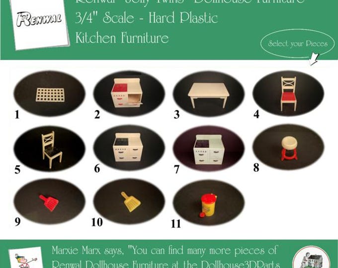 RENWAL Vintage Dollhouse Kitchen Furniture, 1940s-1950s Style, 3/4” Scale, Hard Plastic