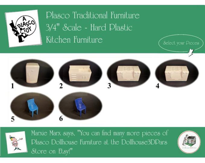Choice PLASCO Vintage Dollhouse Kitchen Furniture, 1940s-1950s Style, 3/4” Scale, Hard Plastic