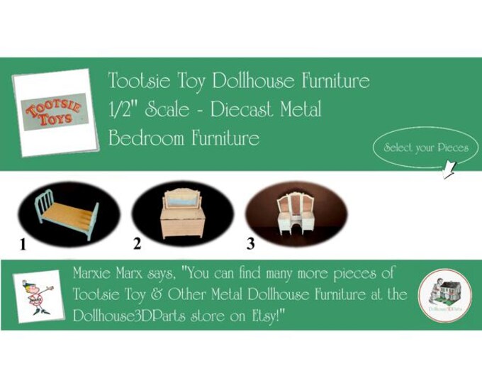 Choice TOOTSIETOY Vintage Dollhouse Bedroom Furniture, 1920s-1930s Style, 1/2” Scale, Painted Diecast Metal