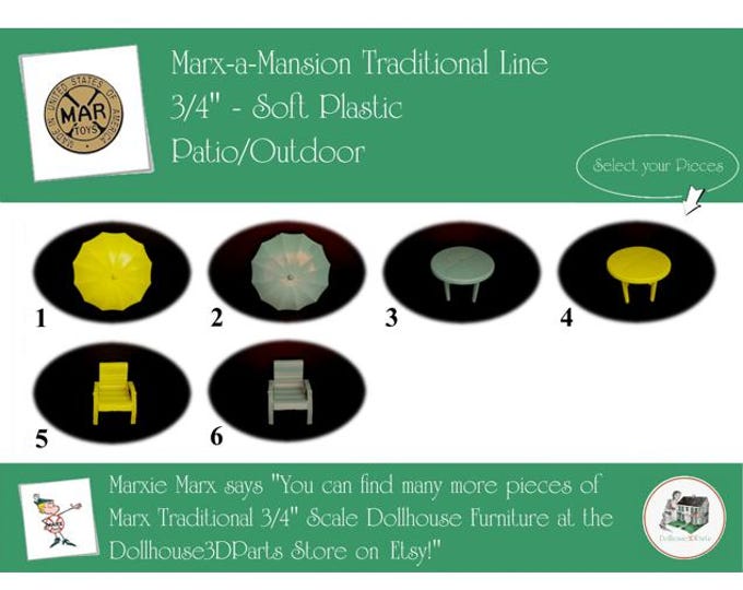 Choice MARX Vintage Dollhouse Patio/Outdoor Furniture, Marx-a-Mansion Traditional Line, 3/4" Scale, Soft Plastic