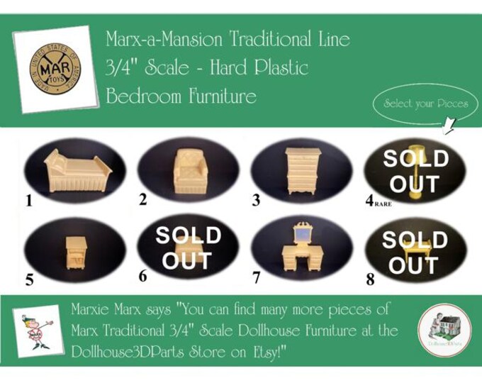 Choice MARX Vintage Dollhouse Bedroom Furniture, Marx-a-Mansion Traditional Line, 3/4" Scale, Hard Plastic