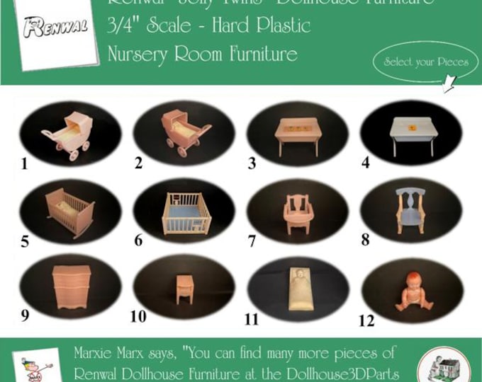 Renwal Vintage Dollhouse Furniture, 1940s-1950s Style Nursery Room, 3/4” Scale Hard Plastic