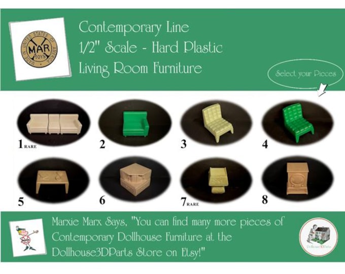 Choice MARX Vintage Dollhouse Living Room Furniture, Contemporary Line, 1/2" Scale, Hard Plastic