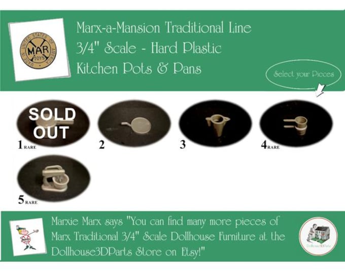 Choice MARX Vintage Dollhouse Kitchen Pots & Pans, Marx-a-Mansion Traditional Line, 3/4" Scale, HARD Plastic