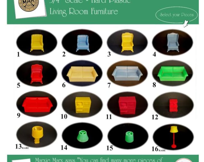 MARX Vintage Dollhouse Living Room Furniture, Marx-a-Mansion Traditional Line, 3/4" Scale, Hard Plastic