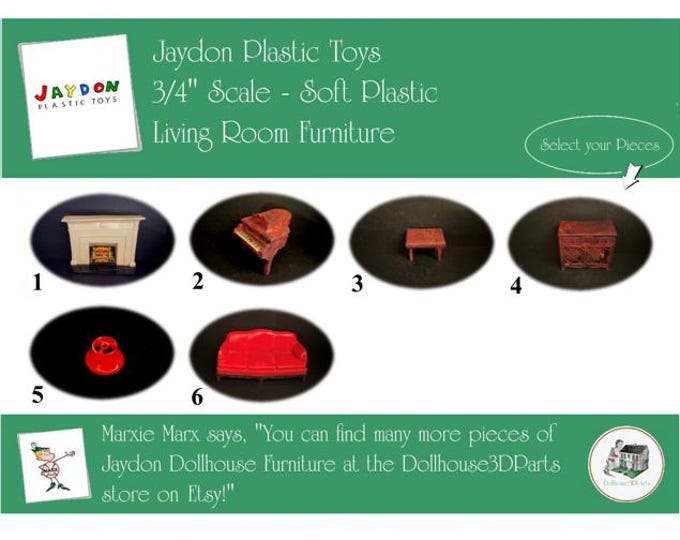 JAYDON Vintage Dollhouse Living Room Furniture, 1940s-1950s Style, 3/4" Scale, Hard Plastic