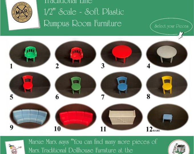 Choice MARX Vintage Dollhouse Rumpus Room Furniture, Traditional Line, 1/2" Scale, Soft Plastic