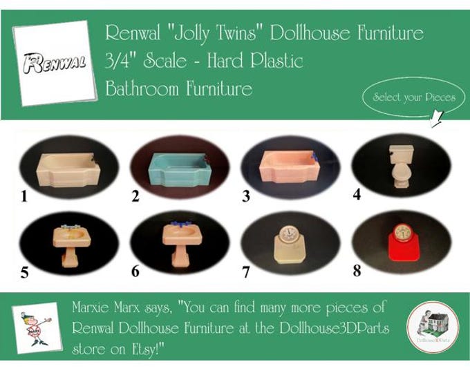 Choice RENWAL Vintage Dollhouse Bathroom Furniture, 1940s-1950s Style, 3/4” Scale, Hard Plastic