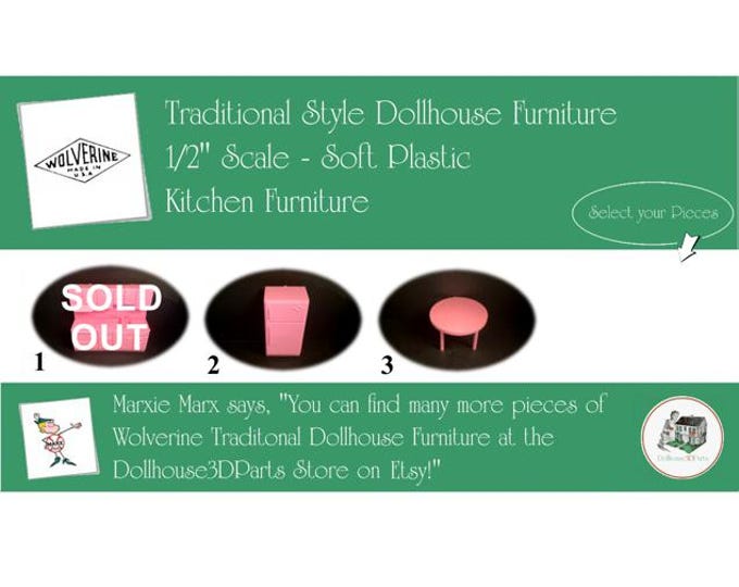 Choice WOLVERINE Vintage Dollhouse Kitchen Furniture, 1960s Style, 1/2" Scale, Soft Plastic