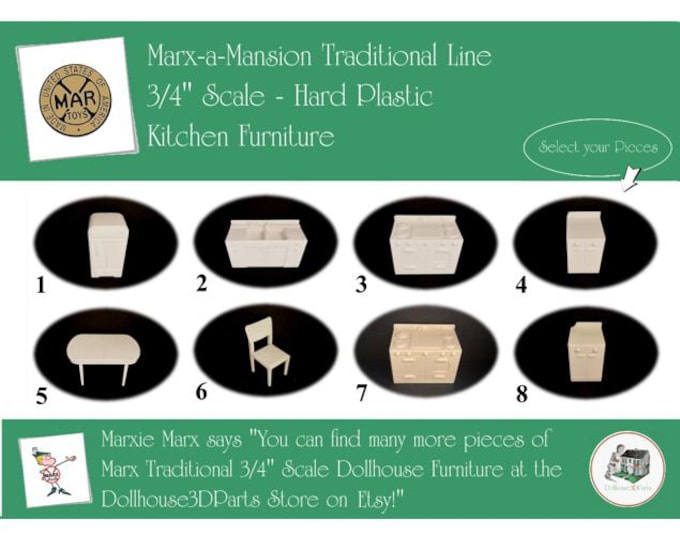 Choice MARX Vintage Dollhouse Kitchen Furniture, Marx-a-Mansion Traditional Line, 3/4" Scale, Hard Plastic