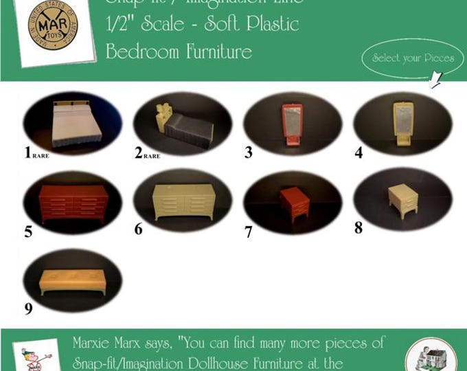 MARX Vintage Dollhouse Bedroom Furniture, Snap-fit/Imagination Line, 1/2" Scale, Soft Plastic