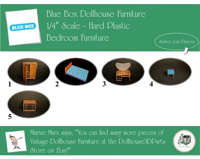 BLUE BOX Vintage Dollhouse Bedroom Furniture, 1960s Style, 1/4" Scale, Hard Plastic