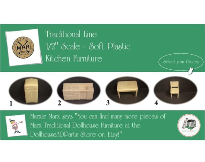 MARX Vintage Dollhouse Kitchen Furniture, Traditional Line, 1/2" Scale, Soft Plastic