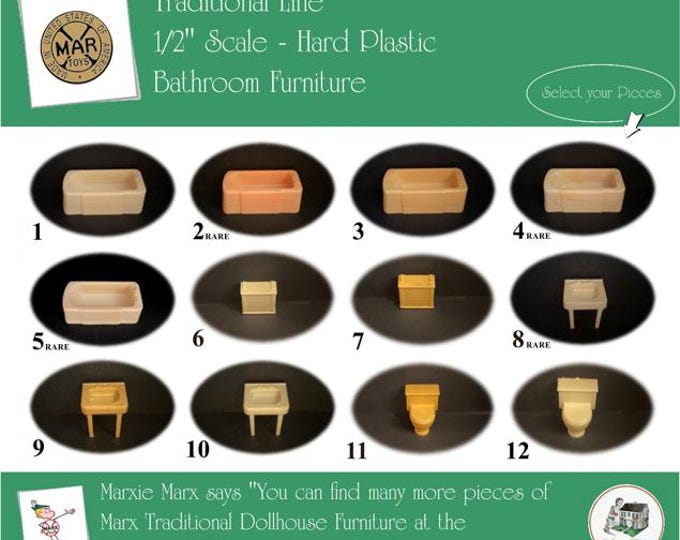 Choice MARX Vintage Dollhouse Bathroom Furniture, Traditional Line, 1/2" Scale, Hard Plastic