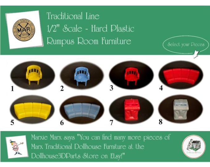 MARX Vintage Dollhouse Rumpus Room Furniture, Traditional Line, 1/2" Scale, Hard Plastic