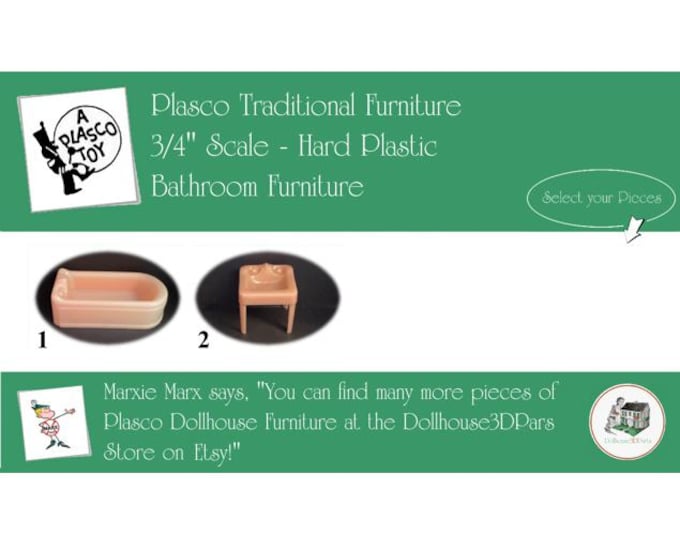 PLASCO Vintage Dollhouse Bathroom Furniture, 1940s-1950s Style, 3/4” Scale, Hard Plastic