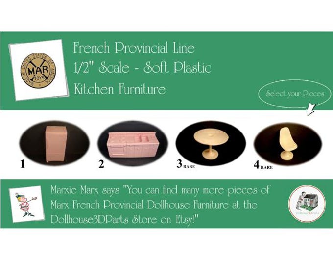Marx Vintage Dollhouse Furniture, French Provincial Line Kitchen, 1/2"Scale