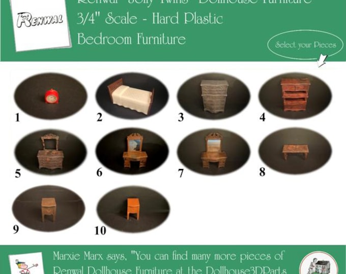 Renwal Vintage Dollhouse Furniture, 1940s-1950s Style Bedroom, 3/4” Scale Hard Plastic