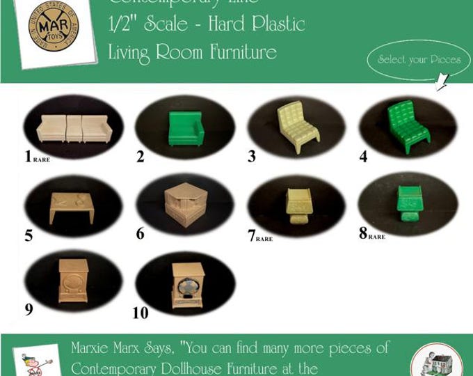 MARX Vintage Dollhouse Living Room Furniture, Contemporary Line, 1/2" Scale, Hard Plastic