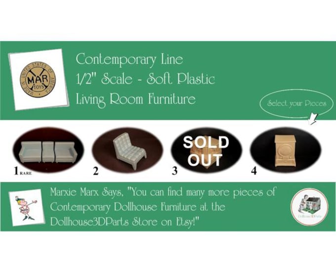 Choice MARX Vintage Dollhouse Living Room Furniture, Contemporary Line, 1/2" Scale, Soft Plastic