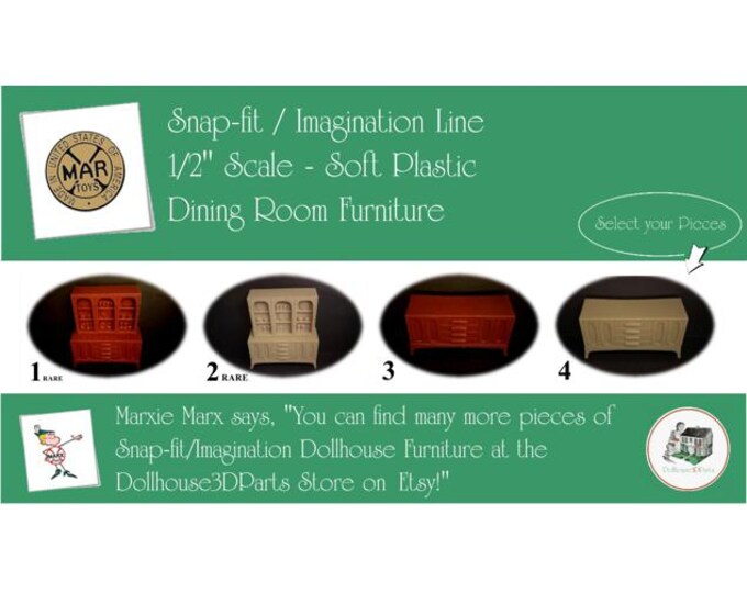 Marx Vintage Dollhouse Furniture, Snap-fit/Imagination Line Dining Room, 1/2" Scale, SOFT Plastic