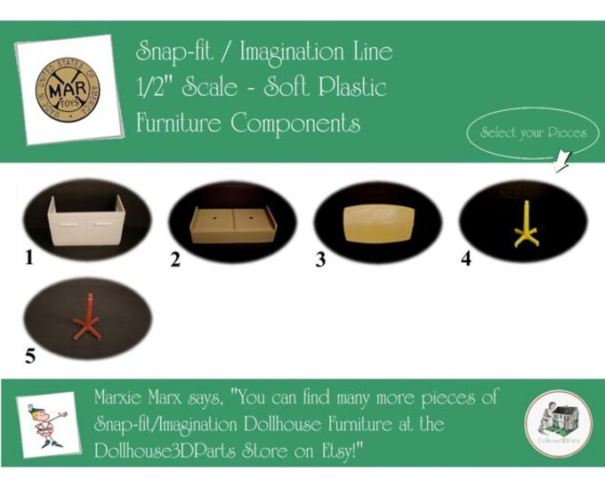 Choice MARX Vintage Dollhouse Furniture Components, Snap-fit/Imagination Line, 1/2" Scale, Soft & Hard Plastic
