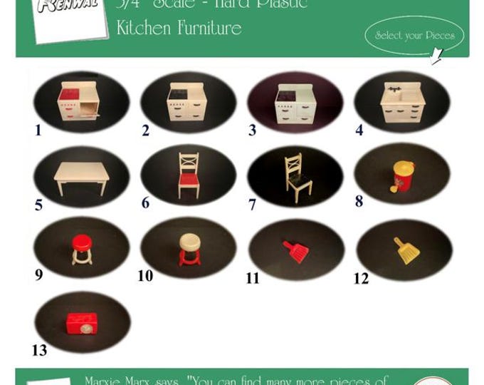 RENWAL Vintage Dollhouse Kitchen Furniture, 1940s-1950s Style, 3/4” Scale, Hard Plastic