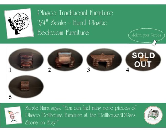 Choice PLASCO Vintage Dollhouse Bedroom Furniture, 1940s-1950s Style, 3/4” Scale, Hard Plastic