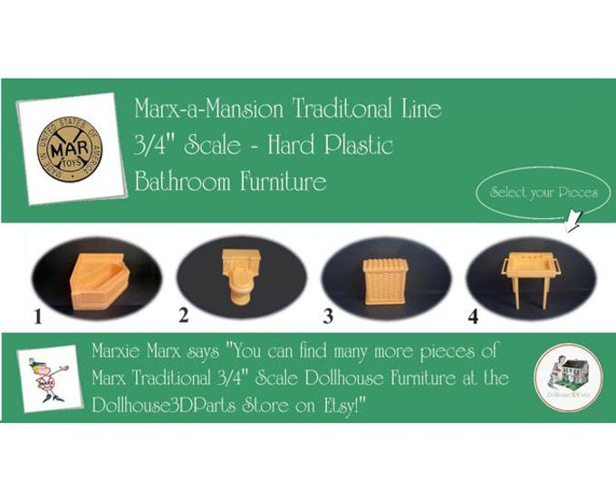 Choice MARX Vintage Dollhouse Bathroom Furniture, Marx-a-Mansion Traditional Line, 3/4" Scale, Hard Plastic