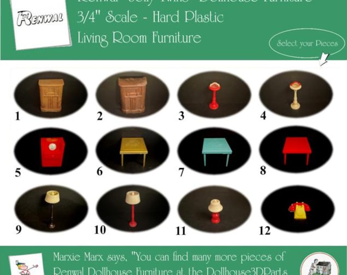 RENWAL Vintage Dollhouse Living Room Furniture, 1940s-1950s Style, 3/4” Scale, Hard Plastic