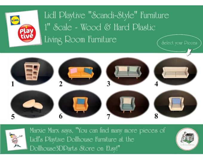 LIDL PLAYTIVE Vintage Dollhouse Living Room Furniture, Scandi-Style, 1" Scale, Wood & Hard Plastic
