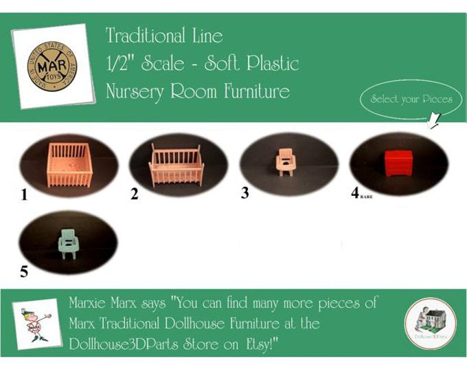 Choice MARX Vintage Dollhouse Nursery Room Furniture, Traditional Line, 1/2" Scale, Soft Plastic