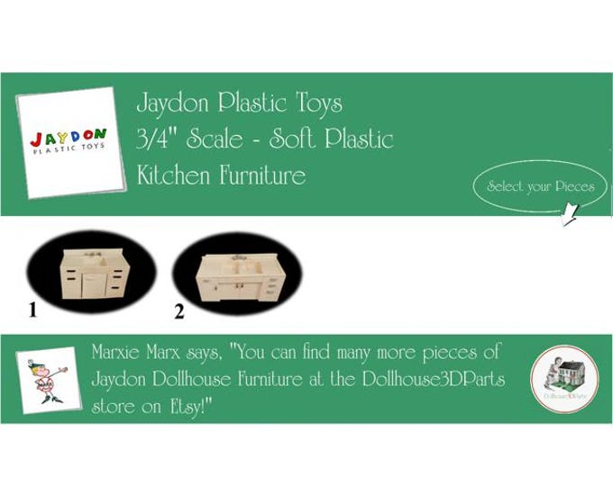 JAYDON Vintage Dollhouse Kitchen Furniture, 1940s-1950s Style, 3/4" Scale, Hard Plastic