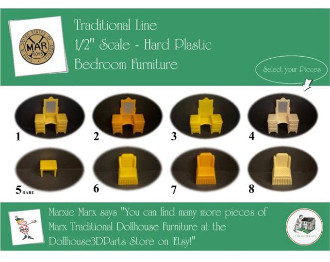 MARX Vintage Dollhouse Bedroom Furniture, Traditional Line, 1/2" Scale, Hard Plastic