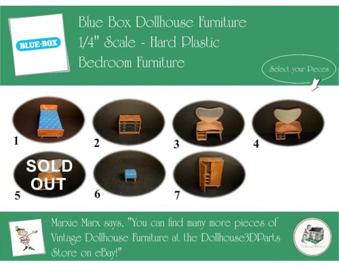 Choice BLUE BOX Vintage Dollhouse Bedroom Furniture, 1960s Style, 1/4" Scale, Hard Plastic