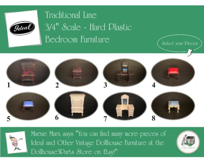 Choice IDEAL Vintage Dollhouse Bedroom Furniture, 1940s-1950s Style, 3/4” Scale, Hard Plastic