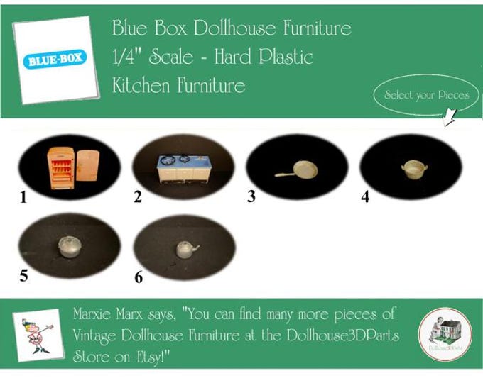 BLUE BOX Vintage Dollhouse Kitchen Furniture, 1960s Style, 1/4" Scale, Hard Plastic