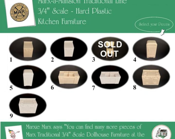 Choice MARX Vintage Dollhouse Kitchen Furniture, Marx-a-Mansion Traditional Line, 3/4" Scale, Hard Plastic