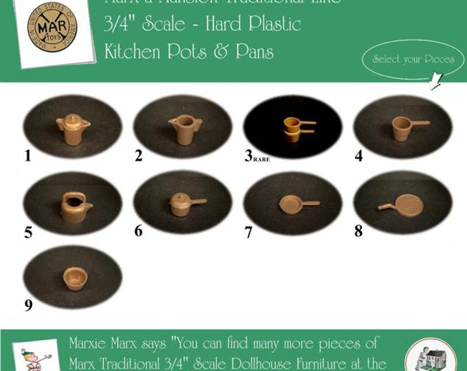 Choice MARX Vintage Dollhouse Kitchen Pots & Pans, Marx-a-Mansion Traditional Line, 3/4" Scale, Hard Plastic