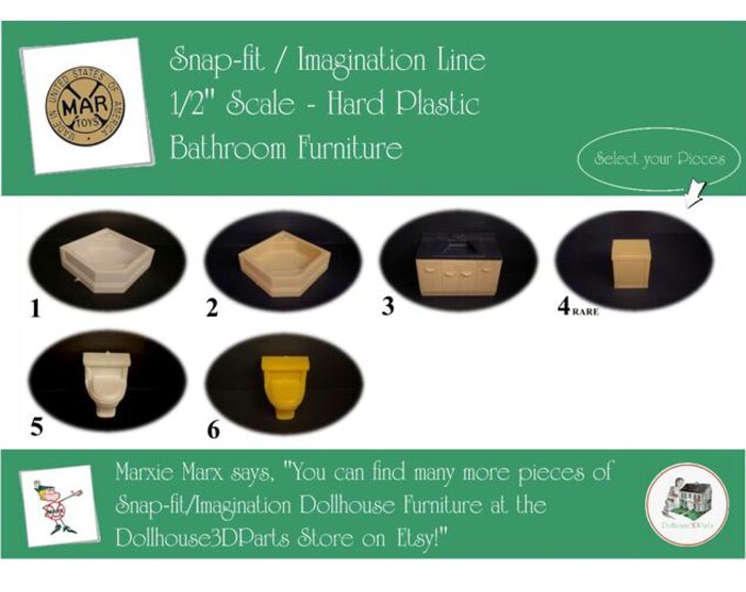 Marx Vintage Dollhouse Furniture, Snap-fit/Imagination Line Bathroom, 1/2" Scale, HARD Plastic