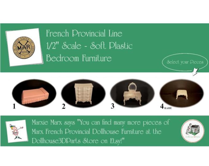 Marx Vintage Dollhouse Furniture, French Provincial Line Second Bedroom, 1/2"Scale