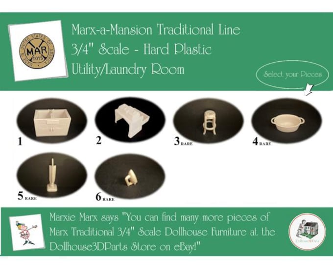 Choice MARX Vintage Dollhouse Utility/Laundry Room Furniture, Marx-a-Mansion Traditional Line, 3/4" Scale, Hard Plastic