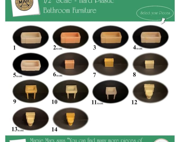 Marx Vintage Dollhouse Furniture, Traditional Line Bathroom, 1/2" Scale, HARD Plastic