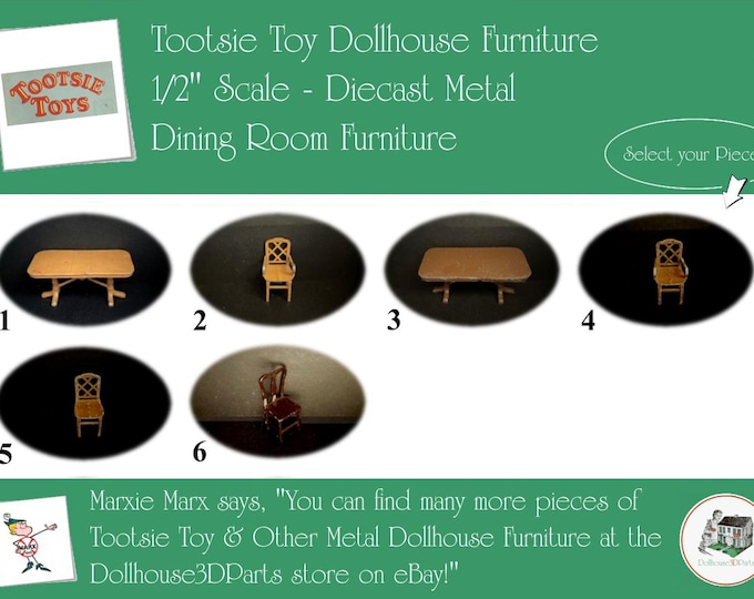 TOOTSIETOY Vintage Dollhouse Dining Room Furniture, 1920s-1930s Style, 1/2” Scale, Painted Diecast Metal