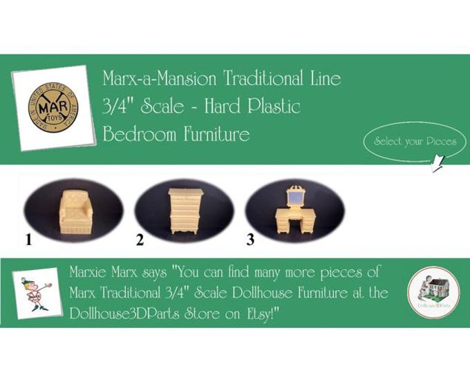 Choice MARX Vintage Dollhouse Bedroom Furniture, Marx-a-Mansion Traditional Line, 3/4" Scale, Hard Plastic