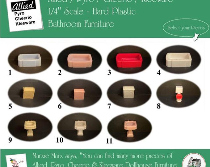 Choice ALLIED/PYRO/KLEEWARE & Cheerio Vintage Dollhouse Bathroom Furniture, 1/4" Scale, Hard Plastic