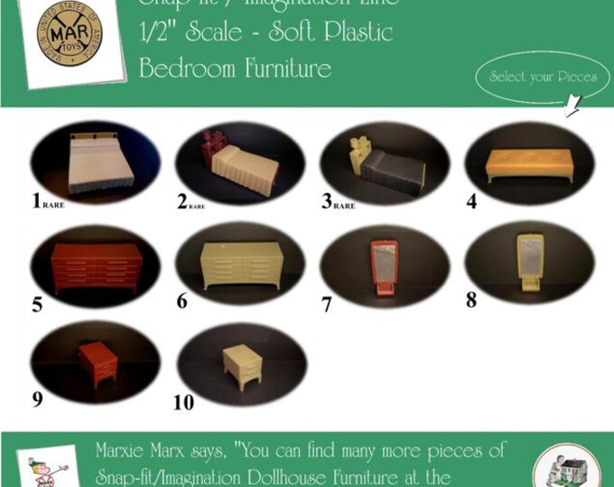 Marx Vintage Dollhouse Furniture, Snap-fit/Imagination Line Bedroom, 1/2" Scale, SOFT Plastic